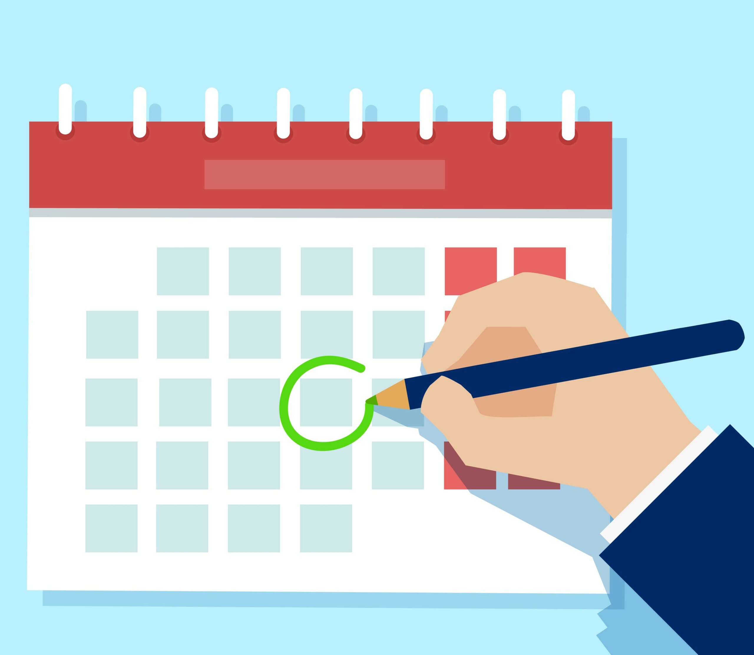 Vector of a business man hand with pen marking important day on calendar.